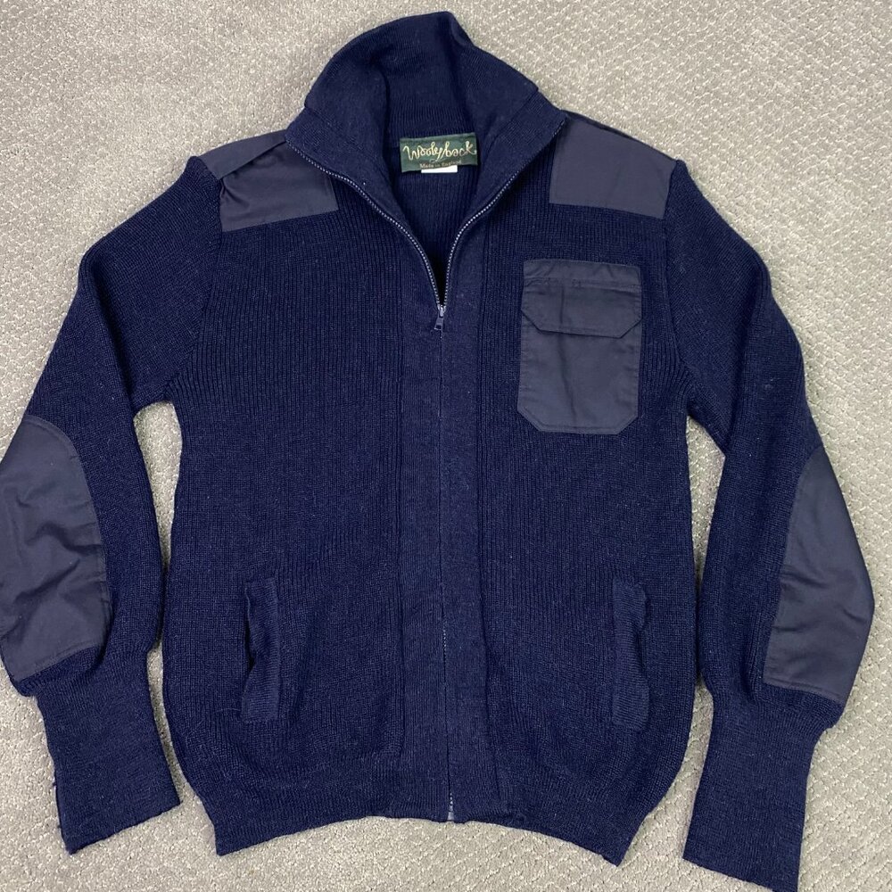 Woolyback Sweater Jacket Men's Medium Navy Blue Wool Full Zip Made in England